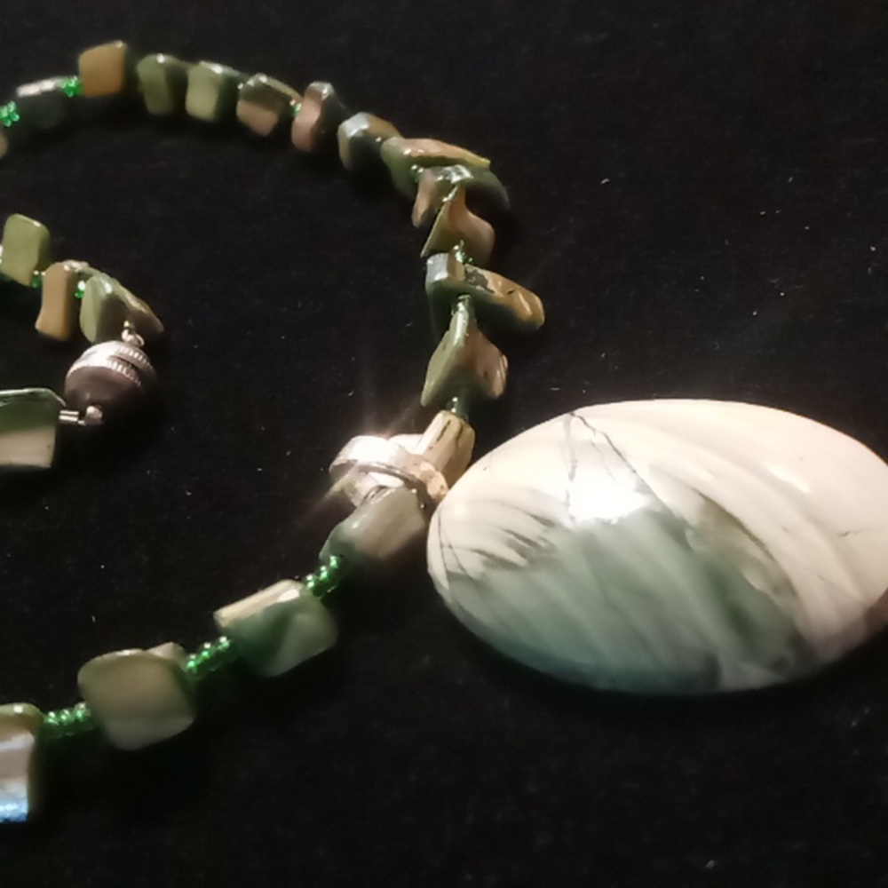 Abalone shell necklace with shell pendant spaced with glass seed beads